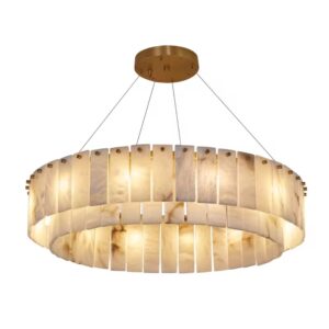 Circular Natural Alabaster Slab Chandelier | GoldBrass Cable Suspension LED Pendant for Dining Room