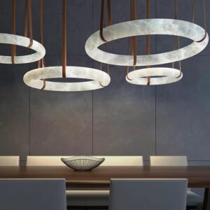 Modern Multi Size Natural Alabaster Ring Chandelier Luxury Leather Strap LED Pendant Light for Dining Room