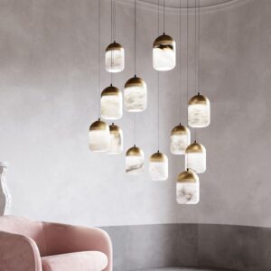 Home Staircase Decor Natural Marble Pendant Light Simple Hanging Modern Luxury Square Ceiling LED Alabaster Chandelier