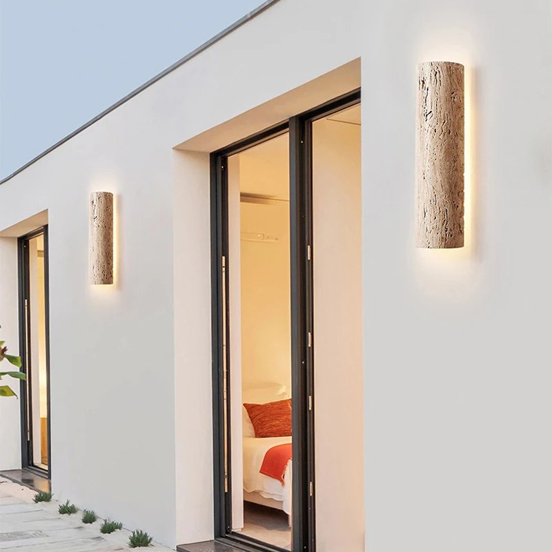 Led Minimalist Villa Outdoor Balcony Porch Ip65 Waterproof Wall Lamp Japanese Natural Yellow Travertine Hotel Decoration Light