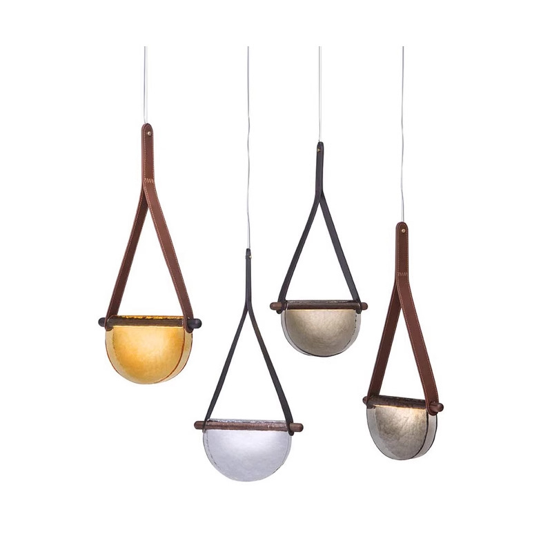 Modern Leather Handmade Glass Pendant Lights Grey Amber Translucent Glass Chandelier Bedroom Living Room Hanging Light