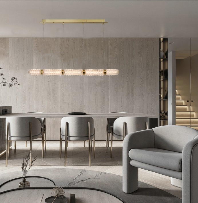 2023 New Modern golden crystal glass Cylindrical strip type LED villa pendant lamp dining table glass chandelier