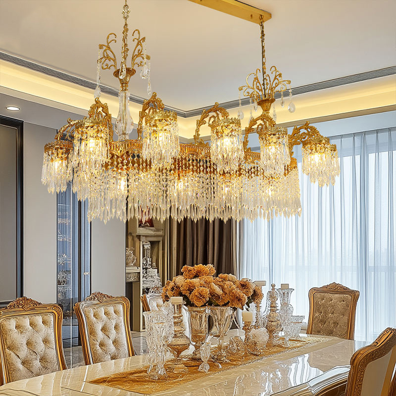 Copper Frame Crystal Chandelier with K9 Glass Prisms and Vintage Finish for Classic Dining Room and Hotel Lighting