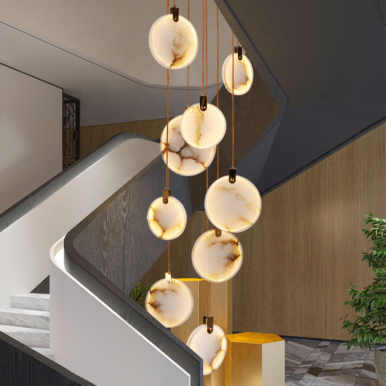 Alabaster Chandelier Simple Luxury Brass Round Marble Pendant Light for Staircase Kitchen Hallway Adjustable