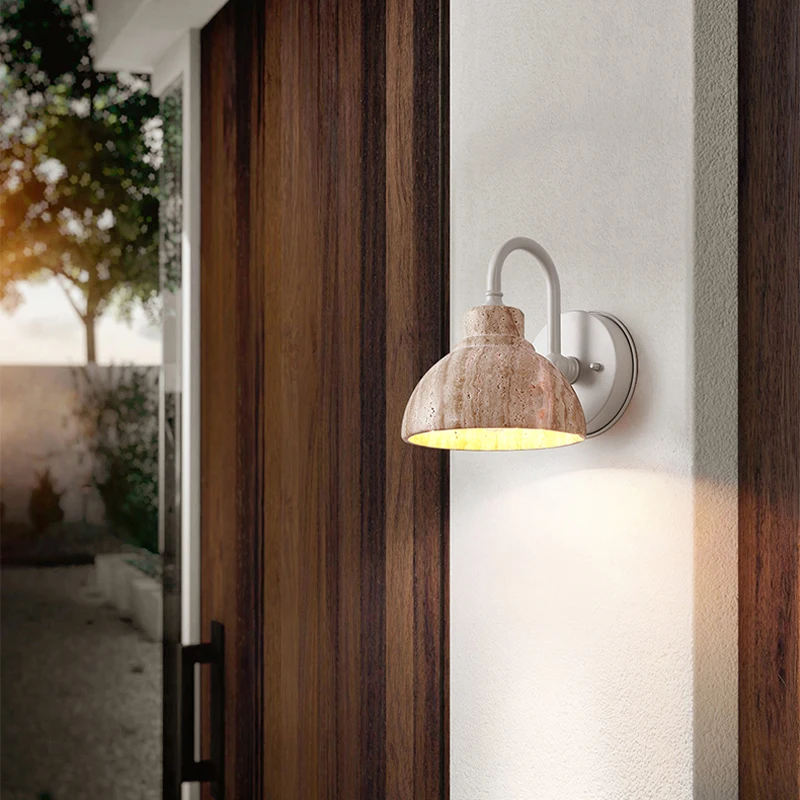 Japanese Natural Yellow Marble Exterior Wall Lamp Nordic Cream Style Courtyard Front Corridor E27 Decorative Warm Color Light