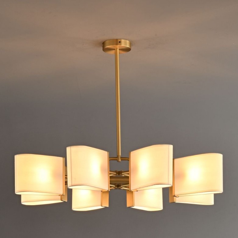 Luxury Copper Chandelier with Fabric Shade Modern Crystal Branch Ceiling Light for Dining Room Hotel Villa Elegant Light