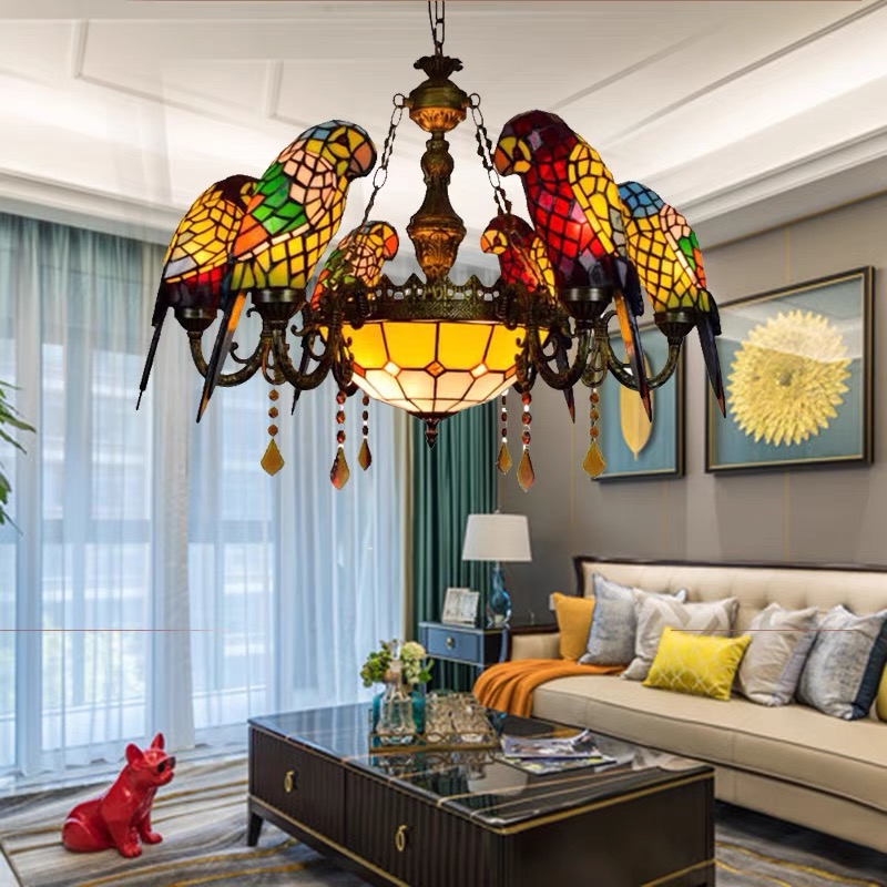Tiffany Vintage Art Colored Glass Parrot Pendant Light Creative Decorative Dining Table Home Scandinavian Industrial Farmhouse