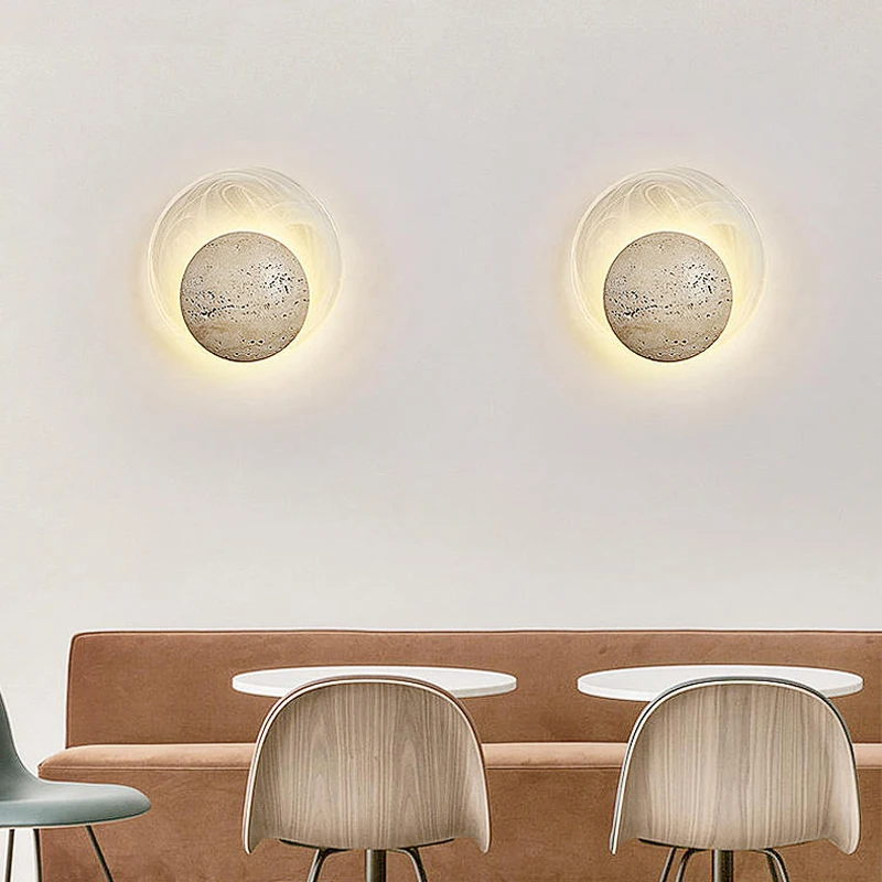 Modern Cream Natural Stone Glass Circular Home Decoration Led Lamp Nordic Minimalist Wabi Sabi Restaurant Corridor Wall Light