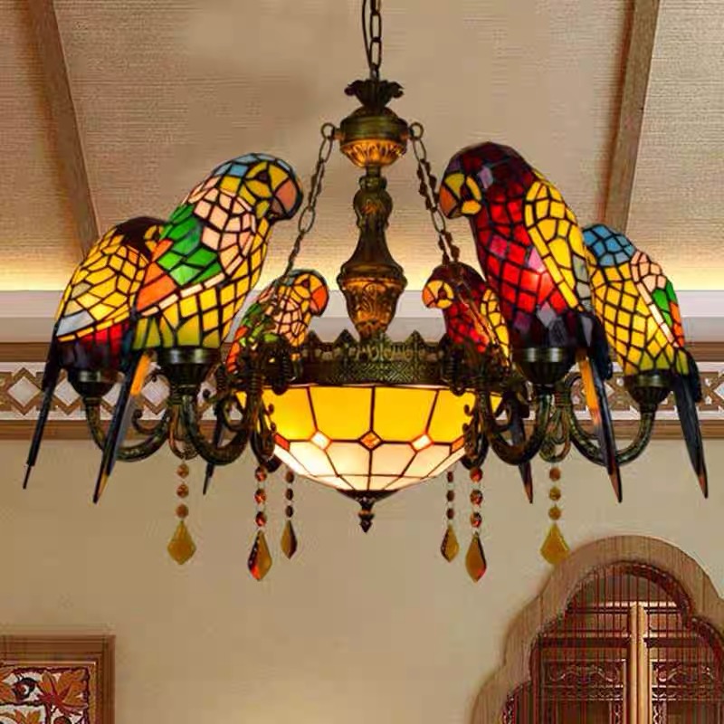 Tiffany Vintage Art Colored Glass Parrot Pendant Light Creative Decorative Dining Table Home Scandinavian Industrial Farmhouse