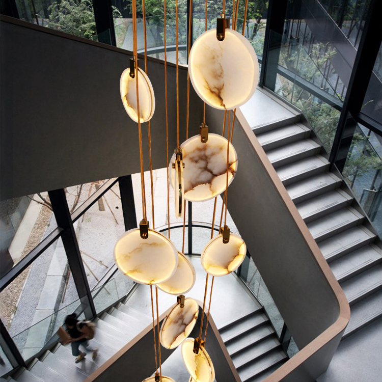 Alabaster Chandelier Simple Luxury Brass Round Marble Pendant Light for Staircase Kitchen Hallway Adjustable