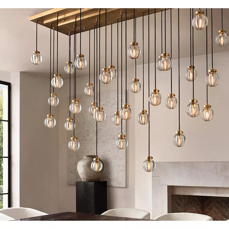 Modern Cascaded Glass Chandelier with Copper Bulb Cluster Hanging Installation for Apartments