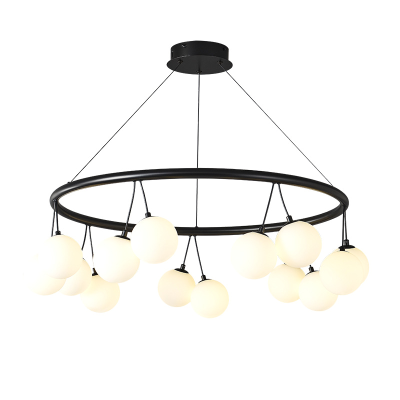 Modern Design Black Iron Art Dining Room Lamp Indoor Living Room Deco Home Hotel White Glass Ball Pendant Chandelier Lights