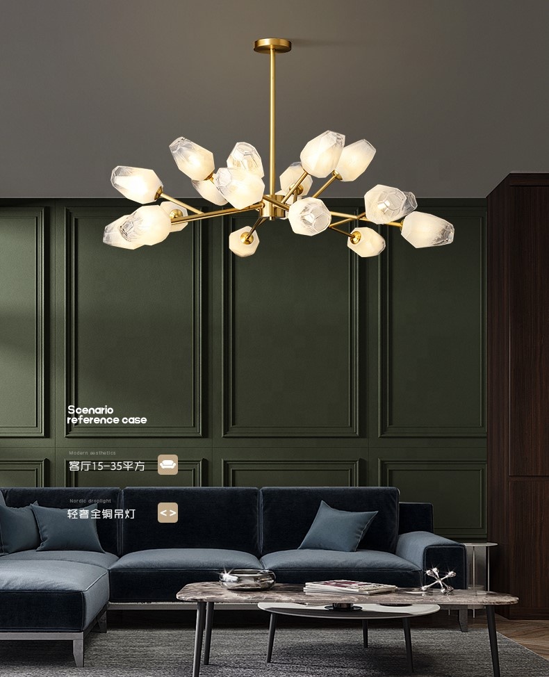 Modern Glass Shade Flower Shape All Brass Chandelier Pendant Lights Indoor Living Room Luxury Golden Brass Ceiling Chandeliers