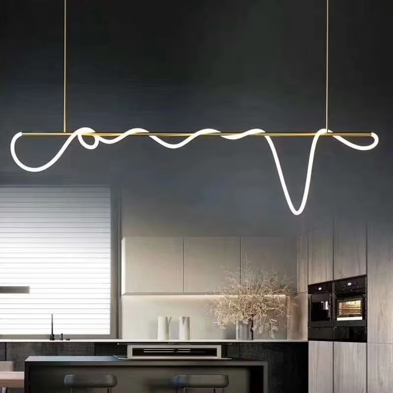 PM Modern Long Strip Dining Table Chandelier Bar Counter Musical Notes Artistic Design Pendant Lamp Lamp Tube Winding Line Light