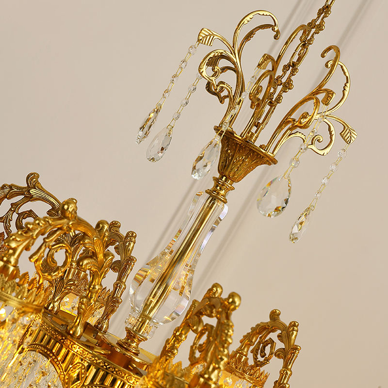 Copper Frame Crystal Chandelier with K9 Glass Prisms and Vintage Finish for Classic Dining Room and Hotel Lighting