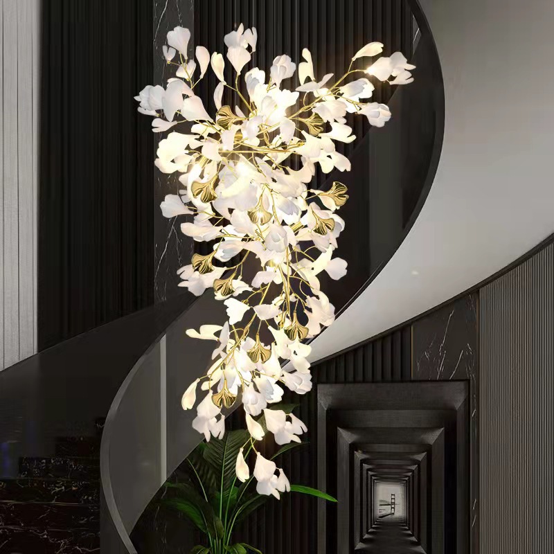 Custom White Ceramic Leaf Petals Pendant Light Modern High Ceilings Lights Luxury Staircase Hotel Luxury Crystal Chandelier l