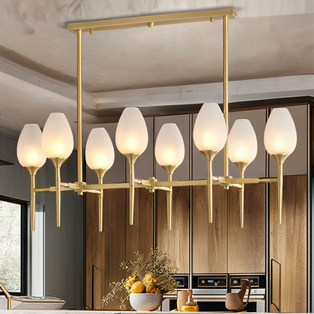 Muted Gold Iron White Glass Shade Chandelier Farmhouse Linear Pendant Light Island Kitchen Dining Room Indoor Light Decor