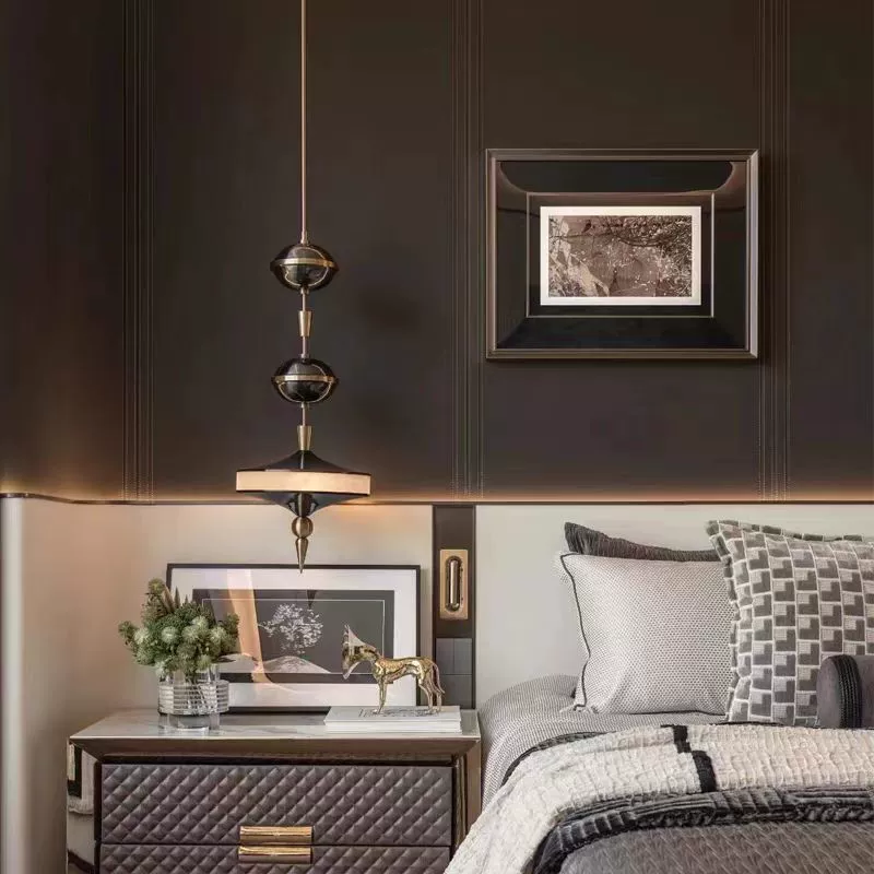 Custom Hotel Project Bedside Ceiling Pendant Light Designer Bedroom Postmodern Luxury Alabaster Metal Art Deco Restaurant Lamp