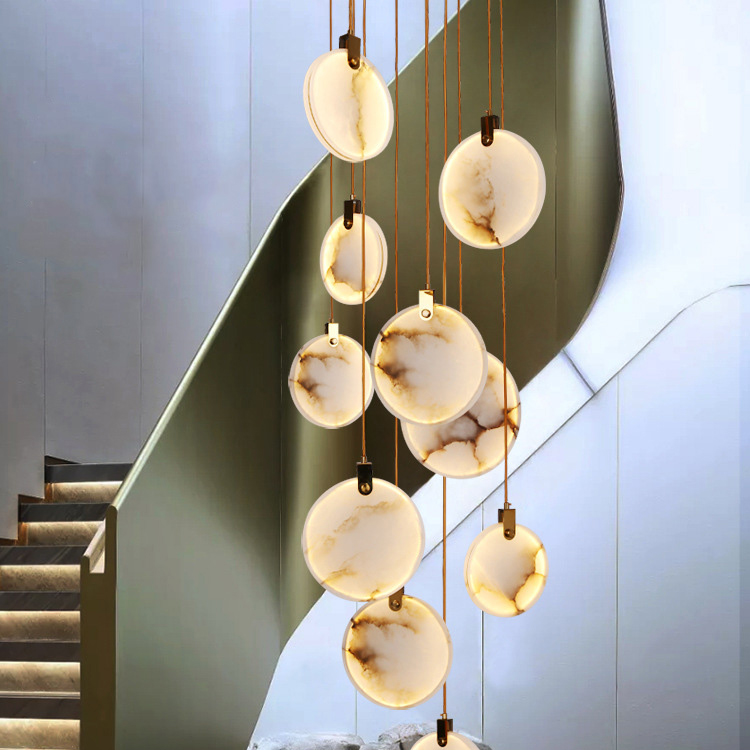 Alabaster Chandelier Simple Luxury Brass Round Marble Pendant Light for Staircase Kitchen Hallway Adjustable
