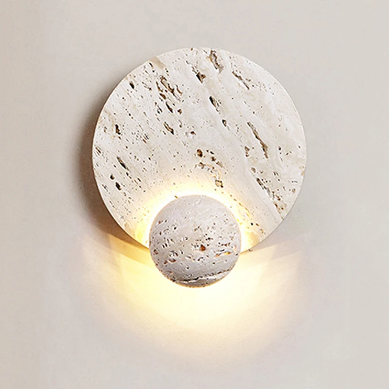 Wabi Sabi White Travertine Disk Design Wall Lamp Bedside Living Room Background Corridor Aisle Stone Decor Sconce