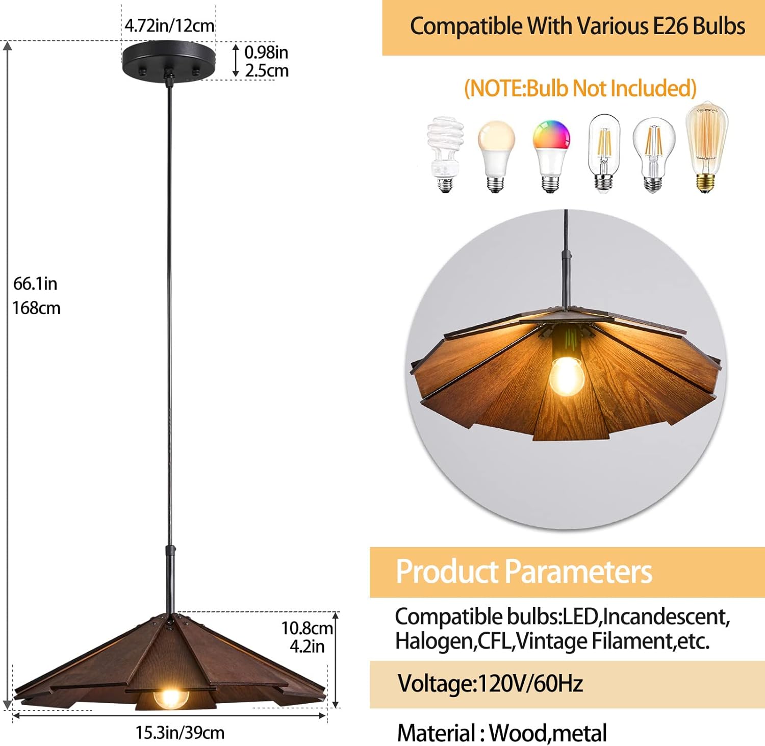 Farmhouse Pendant Light Wood Hanging Light Ceiling Chandelier Modern Adjustable Hanging Ceiling Light Fixtures