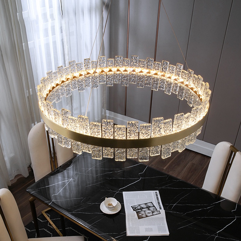Light Luxury Circular Living Room Pendant Lamp Modern Stainless Steel Bedroom Lamp Water Grain Glass Living Room Pendant Lamp
