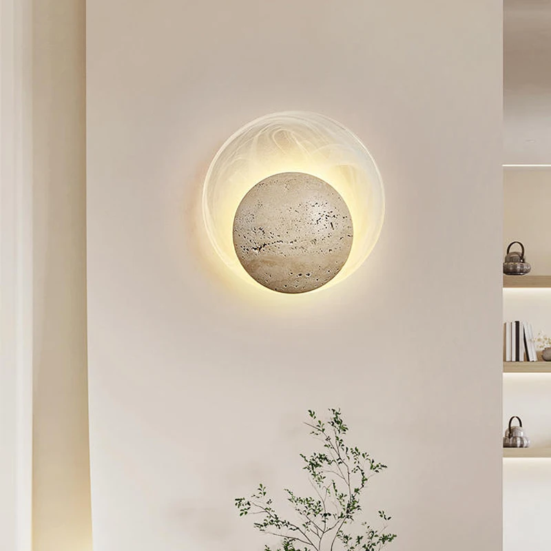 Modern Cream Natural Stone Glass Circular Home Decoration Led Lamp Nordic Minimalist Wabi Sabi Restaurant Corridor Wall Light