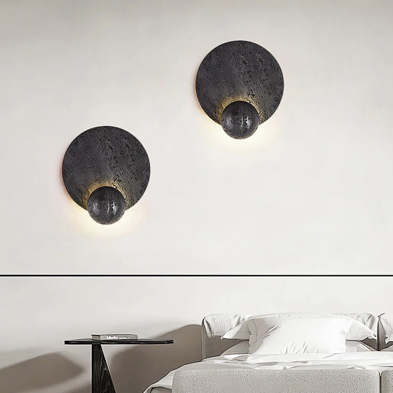 Black Travertine Wall Light Home Apartment Hotel Restaurant Living Room Decor Stone Sconce for Bedside Corridor