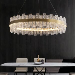 Light Luxury Circular Living Room Pendant Lamp Modern Stainless Steel Bedroom Lamp Water Grain Glass Living Room Pendant Lamp WSM-8048 image 1