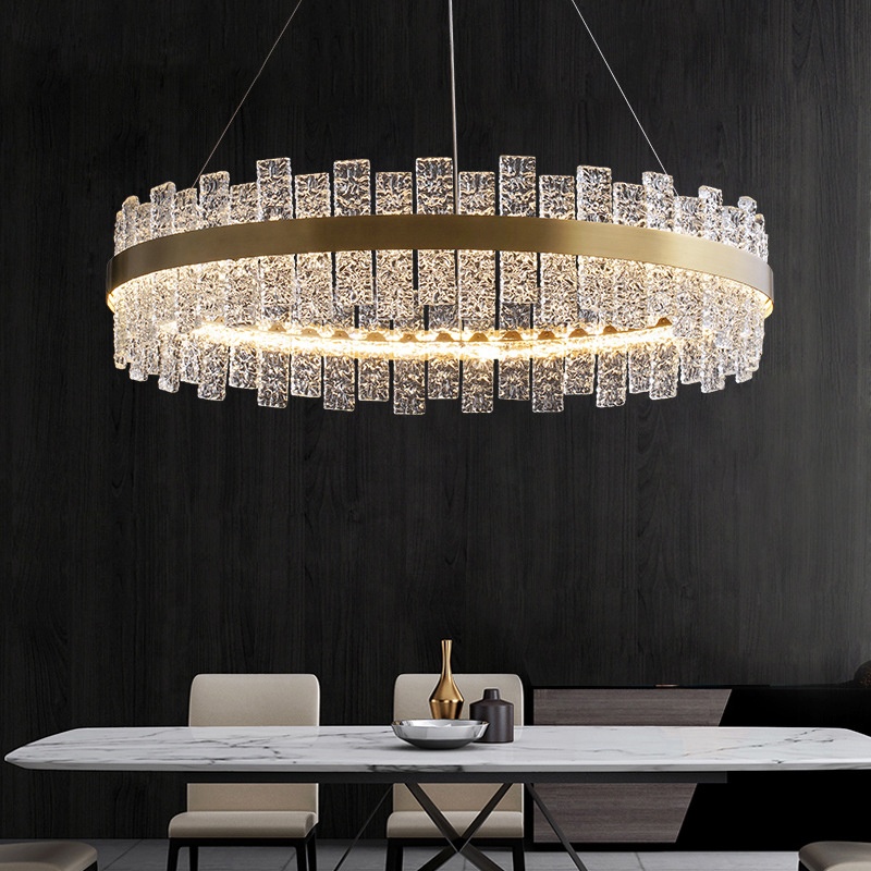 Light Luxury Circular Living Room Pendant Lamp Modern Stainless Steel Bedroom Lamp Water Grain Glass Living Room Pendant Lamp