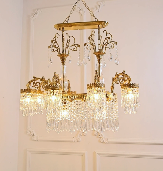Copper Frame Crystal Chandelier with K9 Glass Prisms and Vintage Finish for Classic Dining Room and Hotel Lighting
