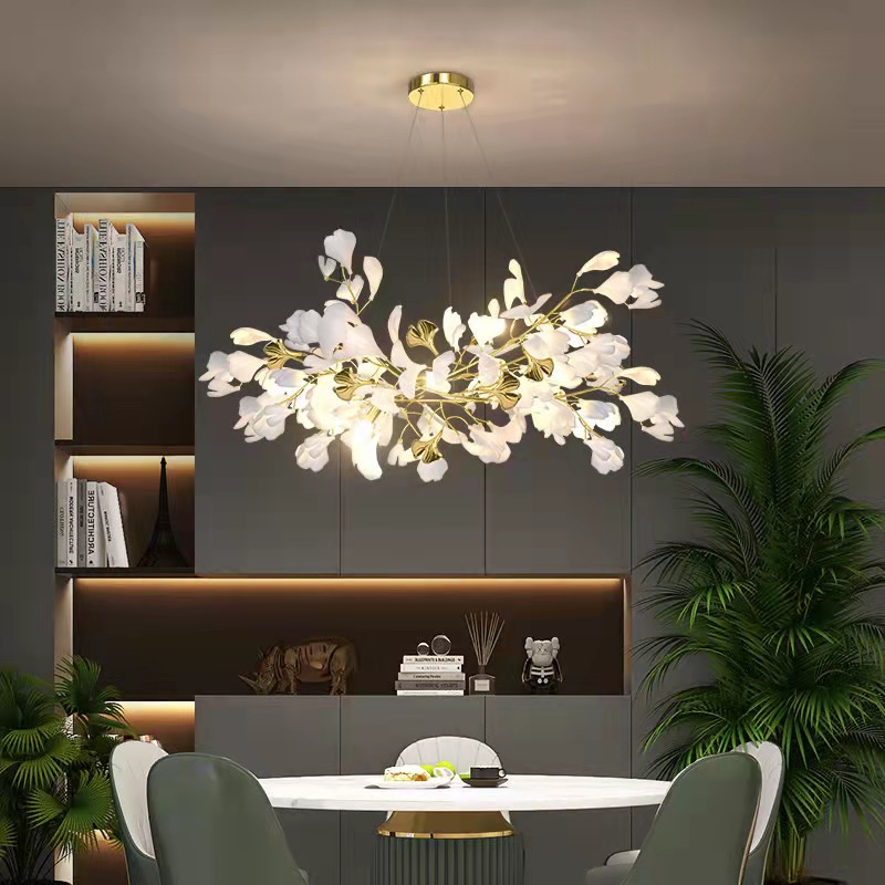 Custom White Ceramic Leaf Petals Pendant Light Modern High Ceilings Lights Luxury Staircase Hotel Luxury Crystal Chandelier l