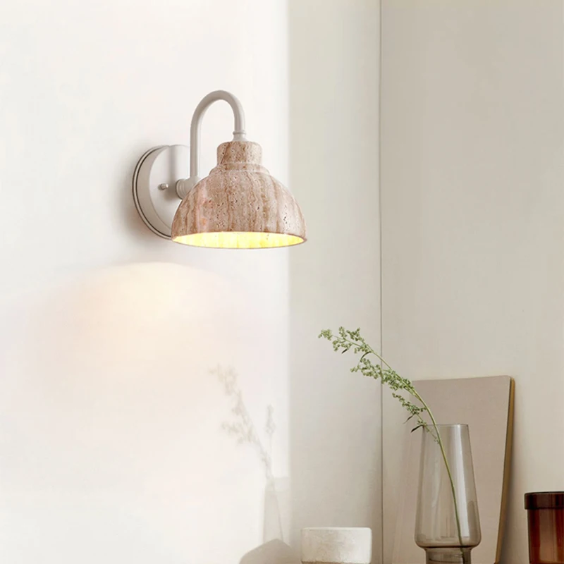 Japanese Natural Yellow Marble Exterior Wall Lamp Nordic Cream Style Courtyard Front Corridor E27 Decorative Warm Color Light