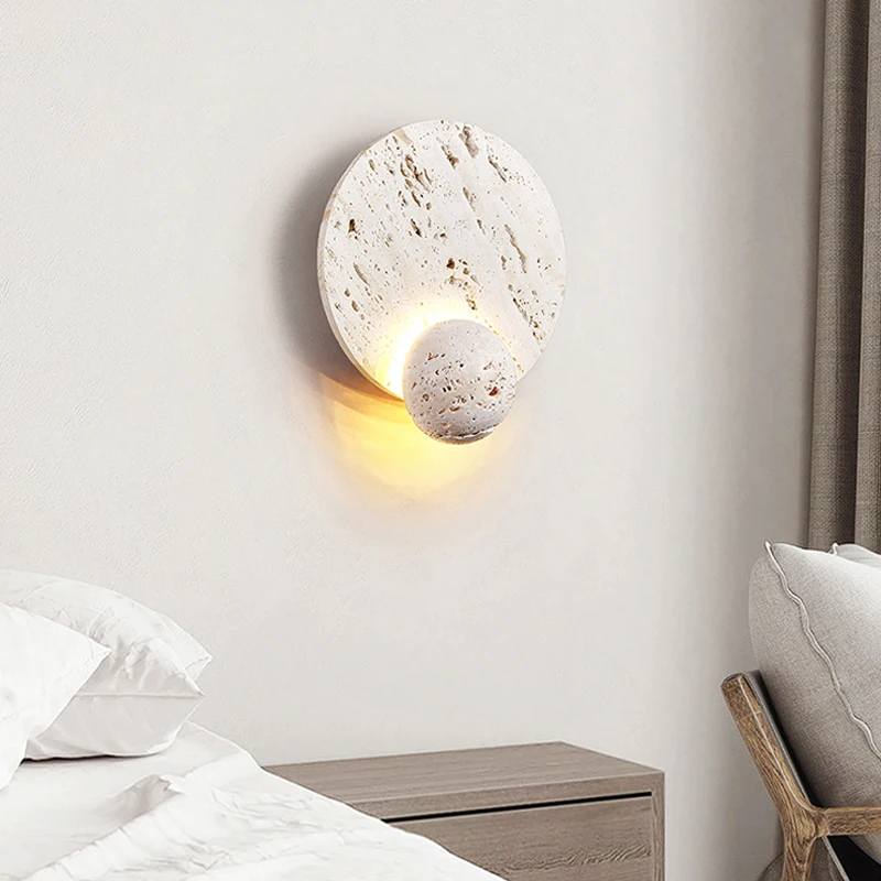 Wabi Sabi White Travertine Disk Design Wall Lamp Bedside Living Room Background Corridor Aisle Stone Decor Sconce
