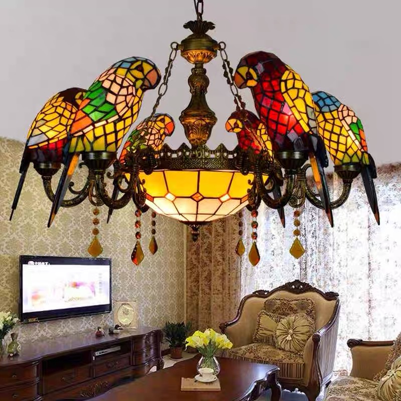Tiffany Vintage Art Colored Glass Parrot Pendant Light Creative Decorative Dining Table Home Scandinavian Industrial Farmhouse