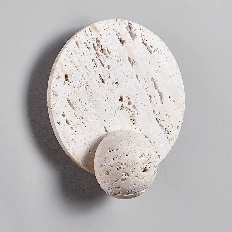 Wabi Sabi White Travertine Disk Design Wall Lamp Bedside Living Room Background Corridor Aisle Stone Decor Sconce
