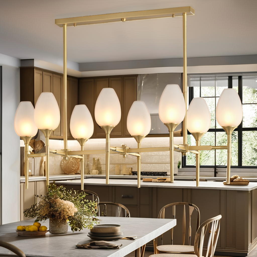 Muted Gold Iron White Glass Shade Chandelier Farmhouse Linear Pendant Light Island Kitchen Dining Room Indoor Light Decor